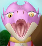 bodily_fluids collar female mouth_shot open_mouth pink_body pink_scales pupils saliva saliva_string scales sharp_teeth slit_pupils solo teeth armaleos eleanore_(armaleos) kobold hi_res