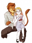 anthro birthday blonde_hair blush bottomwear brown_hair cake clothing dessert dress duo eating eyewear female food glasses hair male pants shirt simple_background topwear white_background young young_anthro battleguppy else_(masterful) taro_(liontaro) felid lagomorph leporid lion mammal pantherine rabbit 3:4