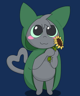 :3 ambiguous_anthro ambiguous_gender anthro black_eyes blush blush_stickers cloak cloak_only closed_smile clothing featureless_crotch featureless_feet featureless_hands feet flower front_view fur gesture green_cloak green_clothing green_sclera grey_body grey_fur holding_flower holding_object holding_sunflower looking_up monotone_body monotone_fur mouth_closed pink_blush plant round_eyes simple_background smile solo standing sunflower tail tail_gesture tail_heart toony transparent_background young young_ambiguous young_anthro coffeeco conditional_dnp isaac_(gooblie_ii) domestic_cat felid feline felis mammal 2026 5:6 alpha_channel alternate_version_at_source cel_shading digital_drawing_(artwork) digital_media_(artwork) full-length_portrait hi_res portrait shaded
