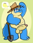 anthro balls banana blue_body clothing erection food fruit genitals hat headgear headwear male overweight overweight_male penis plant shovel simple_background solo tools denilsexo link's_awakening nintendo the_legend_of_zelda sale_(tloz) crocodile crocodilian reptile scalie 2023