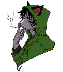 anthro black_hair blood blood_on_clothing bodily_fluids cigarette clothing ear_piercing ear_ring gesture green_eyes grey_body grey_skin hair hand_gesture hoodie looking_aside male piercing pointy_ears ring_piercing short_hair side_view simple_background smoke smoking smoking_cigarette solo topwear v_sign yellow_sclera ddcrushh dylan_(ddcrushh) felid feline mammal absurd_res digital_drawing_(artwork) digital_media_(artwork) hi_res