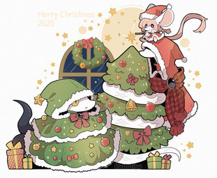 anthro bell braided_hair carrying_another christmas_clothing christmas_headwear christmas_tree clothing costume female fur gift group hair hat headgear headwear holidays long_tail magic_wand male merry_christmas on_head ornament pattern_background pink_hair plant ribbons santa_costume santa_hat scales scarf simple_background star tail text tree trio white_body white_fur white_scales window yellow_eyes kudoliya christmas elden_ring fromsoftware miruku_(kudoliya) slim_(kudoliya) tarnished_(elden_ring) godskin_noble mammal mouse murid murine reptile rodent scalie snake 2025 digital_media_(artwork) english_text signature