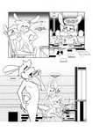 anthro bodily_fluids captain_hopp comic commander_ryun cum dialogue duo genital_fluids group hi_res inoby lagomorph leporid male male/male mammal monochrome mr._t._wink oral rabbit spacebunz