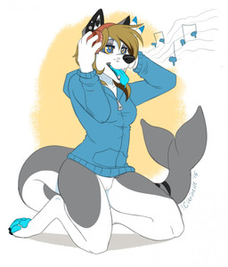 anthro biped blue_pawpads blue_tongue bottomless brown_hair clothed clothing electronics female fin genitals grey_body hair headphones hypnosis kneeling mind_control open_mouth pawpads ringed_eyes simple_background solo teeth tongue tongue_out vulva white_body citrinelle aquatic canid canine hybrid mammal 2015 digital_drawing_(artwork) digital_media_(artwork) flat_colors hi_res