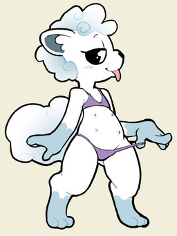 anthro anthrofied bedroom_eyes bikini bikini_bottom bikini_pull bikini_top black_eyes clothing clothing_pull female flat_chested fur ineffective_clothing looking_at_viewer multi_nipple narrowed_eyes nipples pokemorph seductive solo standing swimwear swimwear_pull tongue tongue_out two-piece_swimsuit white_body white_fur itsunknownanon nintendo pokemon alolan_form alolan_vulpix canid canine generation_7_pokemon mammal pokemon_(species) regional_form_(pokemon) 2020 3:4 absurd_res full-length_portrait hi_res portrait