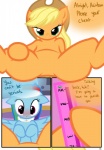 absurd_res applejack_(mlp) blue_body blue_feathers blue_fur blush comic dialogue duo earth_pony english_text equid equine feathered_wings feathers featureless_crotch female female/female feral friendship_is_magic fur hair hasbro hi_res horse mammal multicolored_hair my_little_pony mythological_creature mythological_equine mythology null pegasus pony pyruvate rainbow_dash_(mlp) rainbow_hair sex_toy spa spread_legs spreading text vibrator wing_boner wings