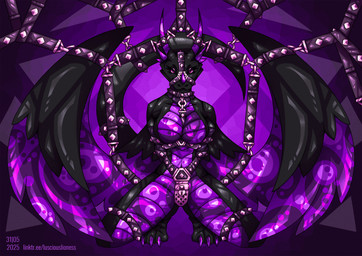 anthro armbinder bdsm big_breasts binder_(restraint) black_body bondage bondage_gear bound breasts chastity_belt chastity_device claws collar collar_ring feathered_wings feathers female front_view highlights_(coloring) horn kneeling latex looking_at_viewer nude nude_anthro nude_female pink_eyes purple_highlights purple_horn restrained restrained_arms restrained_legs restrained_tail restraints scales simple_background solo spiked_collar spikes spread_legs spread_wings spreading tail toe_claws wings lusciouslioness mythology abyss_(lusciouslioness) dragon living_latex mythological_creature mythological_scalie scalie 2025 digital_media_(artwork) hi_res