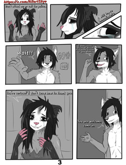 anthro black_hair black_nose clothing dialogue dirty female fur grey_body grey_fur hair pink_body pink_nose simple_background solo text white_body white_fur allartskye kia_(allartskye) skye_(allartskye) american_opossum canid canine canis mammal marsupial wolf comic english_text hi_res url