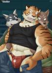 abs anthro clothed clothing countershading group male muscular muscular_male open_mouth patreon_logo patreon_username smile text trio underwear naruever lagoon_lounge patreon gou_sanriku kuugo_(lagoon_lounge) yuujirou_urushi canid canine canis felid mammal pantherine tiger wolf 2018 english_text