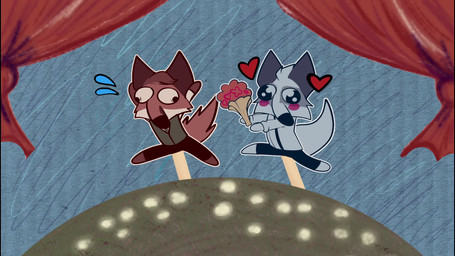 anthro blue_body blue_fur blush chasing chibi clothed clothing duo flower fur heart_symbol holding_flower holding_object humor love male male/male music orange_body orange_fur plant puppet running scared simple_background pinumontbalou sound_warning echo_(series) echo_project the_smoke_room jim_sterling_(the_smoke_room) murdoch_byrnes canid canine canis fox mammal 16:9 animated collage_(artwork) hi_res short_playtime sound video widescreen