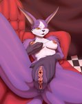 anthro anus breast_grab breasts eyeshadow female fur furniture genitals hand_on_breast long_ears makeup nipples pink_eyeshadow presenting presenting_pussy pupils purple_body purple_fur pussy slit_pupils sofa solo whiskers white_body white_fur yellow_eyes sacrificabominat .hack cyberconnect2 mia_(.hack) domestic_cat felid feline felis mammal absurd_res hi_res