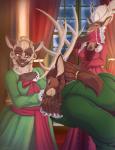 2019 amber_eyes anthro antlers blush breasts clothed clothing comic conditional_dnp deer dress female fully_clothed green_eyes group hair hi_res horn kissing_hand long_hair male male/female mammal ponytail scappo story story_in_description window