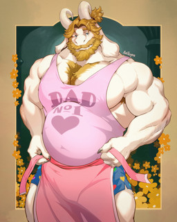 2_horns 5_fingers accessory anthro apron arm_hair armpit_hair beard belly biceps big_muscles big_pecs blonde_beard blonde_chest_hair blonde_eyebrows blonde_facial_hair blonde_hair blonde_mustache blue_clothing blue_eyes blue_heart blue_underwear body_hair broad_shoulders chest_hair claws closed_smile clothed clothing curved_horn deltoids detailed_background eyebrows facial_hair fangs finger_claws fingers flower forearm_muscles front_view fur green_clothing green_heart green_underwear grey_claws hair hair_accessory hair_tie head_horn heart_pattern_underwear heart_print heart_symbol horn humanoid_hands long_ears looking_at_viewer male mature_male mouth_closed multicolored_clothing multicolored_underwear musclegut muscular muscular_anthro muscular_arms muscular_male mustache number_on_clothing overbite pantsless pantsless_anthro pantsless_male pattern_clothing pattern_underwear pecs pillar pink_apron pink_clothing pink_shirt pink_tank_top pink_topwear pink_underwear plant ponytail red_clothing red_heart red_underwear shirt short_hair short_ponytail smile smiling_at_viewer solo tank_top teeth text text_on_clothing text_on_topwear tied_hair tight_clothing tight_tank_top tight_topwear topwear triceps underwear white_body white_fur yellow_clothing yellow_flower yellow_heart yellow_underwear purtropos undertale_(series) asgore_dreemurr bovid caprine goat mammal 2026 digital_media_(artwork) english_text hi_res portrait signature three-quarter_portrait father_(lore) parent_(lore)