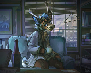 anthro antlers biped blinds blue_body blue_eyes blue_fur blue_inner_ear_fluff blue_nightgown bottle brown_body brown_fur building cabinet cheek_tuft chest_tuft clothes_hanger clothing coffee_cup container cup detailed_background electrical_outlet electrical_plug facial_tuft front_view fur furniture glistening glistening_eyes head_tuft holding_coffee_cup holding_container holding_cup holding_object horn inner_ear_fluff inside looking_at_viewer male markings medicine multicolored_body multicolored_fur nightgown on_sofa outlet plug pointy_ears prick_ears scut_tail shelf short_tail sitting smile smiling_at_viewer snout sofa solo spots spotted_markings steam table tail tuft white_body white_fur window jacato unknown_species 2022 absurd_res character_request digital_media_(artwork) digital_painting_(artwork) hi_res painting_(artwork) signature