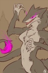 anthro biped breasts claws countershading featureless_breasts female fierce fur glowing glowing_eyes nude open_mouth simple_background solo standing tail teeth patto mammal sergal 2:3 restricted_palette