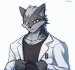 anthro black_clothing black_shirt black_topwear clothing coat dark_body fur grey_body grey_eyes grey_fur hair lab_coat male mohawk pens shirt solo topwear endjfcar canid canine canis mammal wolf hi_res