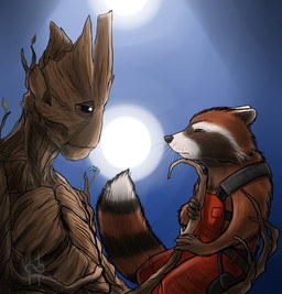 anthro brown_body brown_eyes brown_fur clothed clothing duo fur glistening glistening_eyes grey_eyes holding_another male male_anthro markings mouth_closed narrowed_eyes overalls plant red_clothing red_overalls side_view simple_background slim_anthro slim_male striped_markings striped_tail stripes tail tail_markings hufnaar guardians_of_the_galaxy marvel groot rocket_raccoon elemental_creature elemental_humanoid flora_fauna humanoid mammal plant_humanoid procyonid raccoon 2014 absurd_res dated hi_res