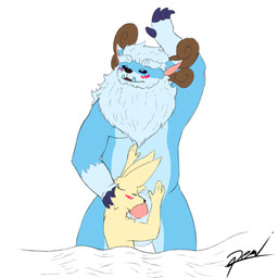 4_fingers anthro antlers balls bedding belly black_sclera blanket blue_body blue_claws blue_eyes blue_fur blush body_hair claws duo eye_roll eyebrows eyes_closed finger_claws fingers fur genitals hand_on_another's_head hand_on_belly happy_trail horn humanoid_genitalia humanoid_penis long_ears male male/male mane open_mouth overweight overweight_anthro overweight_male penis pink_inner_ear pink_penis simple_background text thick_eyebrows tusks white_background white_body white_eyebrows white_fur yellow_body yellow_fur demi_owo league_of_legends riot_games tencent demi_(demi_owo) willump_(lol) canid canine fennec_fox fox hybrid mammal mustelid otter true_fox yeti 1:1 2025 artist_name digital_drawing_(artwork) digital_media_(artwork) hi_res signature