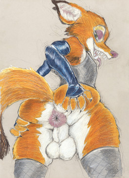 anthro anus balls big_butt bottomless butt butt_focus clothed clothing eyeshadow fluffy fluffy_tail genitals hand_on_butt makeup male open_mouth presenting presenting_anus presenting_hindquarters rear_view sharp_teeth smile solo spread_butt spreading tail teeth tongue tongue_out horse-420 horse420 disney zootopia nick_wilde canid canine fox mammal red_fox true_fox hi_res traditional_media_(artwork)