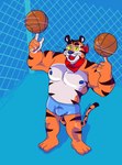 2022 3_toes 5_fingers absurd_res anthro ball barefoot basketball_(ball) biceps black_eyes black_stripes blue_nipples blue_nose bulge clothed clothing countershading english_text feet felid fence fingers frosted_flakes fur half-closed_eyes hi_res high-angle_view kellogg's kerchief looking_at_viewer male mammal markings mascot multicolored_body multicolored_fur muscular muscular_anthro muscular_male narrowed_eyes nipples open_mouth orange_body orange_fur pantherine pecs shadow simple_background smile solo soupspicyy standing striped_body striped_fur striped_markings striped_tail stripes tail tail_markings text text_on_bandanna tiger toes tony_the_tiger topless underwear whiskers white_body white_fur yellow_eyes yellow_sclera