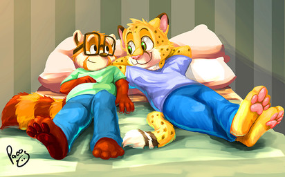 anthro barefoot bed blue_bottomwear blue_clothing blue_pants blue_shirt blue_t-shirt blue_topwear bottomwear brown_pawpads closed_smile clothed clothing dipstick_ears duo ear_markings eyewear feet fur furniture glasses glistening glistening_eyes green_clothing green_eyes green_shirt green_t-shirt green_topwear hands_behind_head head_tuft logo lying male mouth_closed multicolored_ears on_back on_bed orange_body orange_fur pants pawpads pillow pink_nose pink_pawpads rectangular_glasses shirt smile t-shirt topwear tuft white_body white_fur yellow_body yellow_fur young young_anthro young_male pandapaco salmy ailurid felid mammal red_panda artist_logo signature