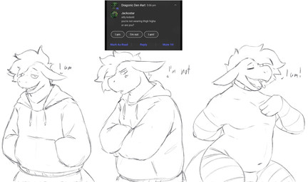 anthro arm_warmers armwear belly bulge clothed clothing hand_in_pocket hoodie legwear looking_at_viewer male navel overweight overweight_anthro overweight_male pockets question snout solo text thick_thighs thigh_highs topwear jephhh mythology jeph_(jephhhad) dragon mythological_creature mythological_scalie scalie english_text hi_res sketch