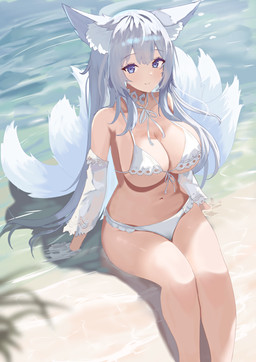 beach big_breasts bikini blue_eyes breasts clothing collarbone eyebrow_through_hair eyebrows eyelashes female front-tie_bikini hair inner_ear_fluff light_body light_skin long_hair multi_tail navel sitting smile solo swimwear tail translucent translucent_hair triangle_bikini tuft two-piece_swimsuit water white_bikini white_clothing white_hair white_swimwear natsuki_(natsu_1936) azur_lane shinano_(azur_lane) animal_humanoid canid canid_humanoid canine canine_humanoid fox_humanoid humanoid mammal mammal_humanoid 2023 hi_res