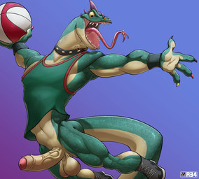 anthro ball balls basketball_(ball) bottomless claws clothed clothing collar colored_nails erection facial_piercing footwear foreskin forked_tongue genitals green_body green_scales jumping male muscular muscular_anthro muscular_legs muscular_male nails neck_piercing non-mammal_balls nose_piercing penis piercing scales sharp_teeth shirt solo tank_top teeth tongue tongue_out tongue_piercing topwear vein veiny_penis white_body white_scales nexus goat_(movie) sony_corporation sony_pictures modo_olachenko komodo_dragon lizard monitor_lizard reptile scalie hi_res