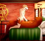 alternative_fashion anthro bed clockwork cowgirl_position duo from_front_position furniture light light_beam male male/male on_bottom on_top red_brick sex steampunk sunbeam sunlight ruhh-roh arrin_(bull_terrier) nafeon bear bull_terrier canid canine canis domestic_dog hunting_dog mammal terrier absurd_res hi_res