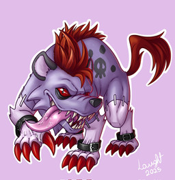 belt claws colored_nails feral hair male nails quadruped red_eyes red_hair sharp_teeth solo surgical_suture teeth tongue tongue_out laughtarts bandai_namco digimon digimon_beatbreak digimon_(species) hyemon hi_res