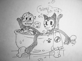 anthro bath bathing blush dialogue duo female fleischer_style_toon heart_symbol looking_at_viewer retro smile speech_bubble text toony towel wet ghost_(artist) fazbear_fanverse five_nights_at_candy's blank_(fnac) cindy_(fnac) domestic_cat felid feline felis humanoid mammal 4:3 black_and_white english_text monochrome