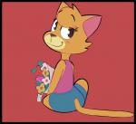 anthro biped brown_body brown_eyes brown_fur clothed clothing eyelashes female flower fur hair looking_at_viewer looking_back plant rear_view red_background short_hair simple_background sitting smile solo gabbah lily_(gabbah) domestic_cat felid feline felis mammal 2018 digital_media_(artwork) hi_res