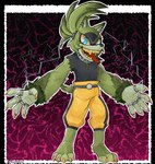 4_toes alternate_form anthro barefoot belt big_arms big_fangs black_belt black_body black_clothing black_collar black_fur black_hairband black_shirt black_topwear blue_electricity blue_eyes bottomwear claws clothing collar countershade_face countershading digit_ring digitigrade ear_piercing electricity eyelashes fangs feet female finger_ring flat_chested fur fur_markings green_body green_fur grey_piercing grey_ring jewelry lightning looking_at_viewer markings multicolored_body multicolored_fur outline pants piercing pupils purple_background red_sclera ring ripped_sleeves sharp_teeth shirt short_tail simple_background slit_pupils smile solo spiked_collar spiked_hairband spikes spread_arms standing sweatpants tail teeth text toes toned_female tongue tongue_out topknot topwear torn_sleeves white_outline wolf_ears wrist_hair yellow_bottomwear yellow_claws yellow_clothing yellow_pants yellow_teeth ratfrik idw_publishing sega sonic_the_hedgehog_(comics) sonic_the_hedgehog_(idw) sonic_the_hedgehog_(series) surge_the_tenrec afrosoricid mammal tenrec 2025 artist_name digital_drawing_(artwork) digital_media_(artwork) full-length_portrait hatching_(art) hi_res portrait shaded