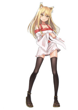 asian_clothing biped blonde_hair clothing crossed_arms east_asian_clothing female footwear hair legwear looking_at_viewer sandals shoes simple_background smile solo standing stockings white_background yellow_eyes am1m animal_humanoid canid canid_humanoid humanoid mammal mammal_humanoid 2015 hi_res