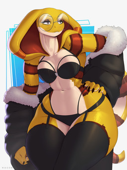 5_fingers abstract_background anthro big_breasts bra breasts cleavage clothed clothing eyelashes eyeshadow eyewear female fingers furgonomic_piercing furgonomics garter_straps glasses grey_eyes half-closed_eyes hand_on_hip jacket legs_together legwear makeup midriff multicolored_body narrowed_eyes navel non-mammal_breasts panties piercing round_glasses small_waist snake_hood snake_hood_piercing solo standing stockings striped_body stripes text thick_thighs thigh_highs topwear two_tone_body underwear white_body wide_hips yellow_body racoe fora reptile scalie snake 2023 3:4 absurd_res artist_name hi_res