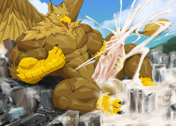4_toes 5_fingers abs anthro balls beak biceps biped bodily_fluids brown_body building building_destruction city city_background city_crushing city_destruction cityscape claws cum cum_flooding cum_on_balls cum_on_building cum_on_ground cumshot destruction ejaculation excessive_cum excessive_genital_fluids feathered_wings feathers feet finger_claws fingers genital_fluids genitals hyper hyper_cum landscape_dwarfing macro macro_anthro macro_male male masturbation muscular muscular_anthro muscular_male nude open_mouth outside pawpads paws pecs penile penile_masturbation penis rampage sky smile solo tail toe_claws toes vein veiny_penis wings wolfblack43 mythology carpo avian gryphon mythological_avian mythological_creature hi_res