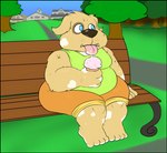 anthro barefoot bench black_border blue_eyes border bottomwear building chubby_cheeks clothing dessert eating feet floppy_ears food house ice_cream male outside overweight overweight_anthro overweight_male plant shirt shorts simple_background sitting sky slightly_chubby slightly_chubby_anthro slightly_chubby_male solo spots tank_top tongue tongue_out topwear tree underbite young young_anthro sinood1e brutus_miller_(nood1e) canid canine canis domestic_dog mammal hi_res