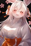 abstract_background accessory albino anthro asian_clothing bell big_breasts blush bottomwear bow_ribbon breasts cherry_blossom clothed clothing east_asian_clothing eyelashes female flower fur hair hair_accessory hair_bell hair_bow hair_ribbon japanese_clothing kimono long_hair looking_at_viewer miko_outfit neck_tuft open-mouth_smile open_mouth plant prunus_(flower) red_bottomwear red_clothing red_eyes red_skirt ribbons skirt smile solo tied_hair topwear tuft white_body white_clothing white_fur white_hair white_topwear 115meg rei_(115meg) lagomorph leporid mammal rabbit hi_res