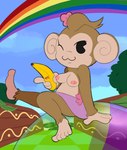 anthro areola banana barefoot breasts brown_body brown_fur clothed clothing day feet female fingers food fruit fur looking_at_viewer nipples one_eye_closed plant rainbow sitting smile solo toes topless wink dose super_monkey_ball meemee haplorhine mammal monkey primate 2023 hi_res