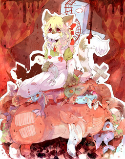 anthro biped blood blush bodily_fluids clothed clothing cross cutlery dress female fork fur hair inner_ear_fluff kitchen_utensils red_eyes sitting solo tools tuft pipisan aquatic domestic_cat felid feline felis fish mammal hi_res