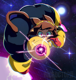 4_fingers anthro arm_cannon armwear big_butt brown_ears brown_hair brown_tail butt clothing eyebrows eyewear eyewear_on_head female female_anthro fingers front_view goggles goggles_on_head hair light looking_at_viewer solo space star tail thick_thighs white_sclera wide_hipped_anthro wide_hipped_female wide_hips yellow_armwear yellow_clothing yellow_eyewear yellow_goggles riceoctopii gameoverse glitch_productions kit_bodega domestic_cat felid feline felis mammal 2026 digital_media_(artwork) hi_res lighting portrait