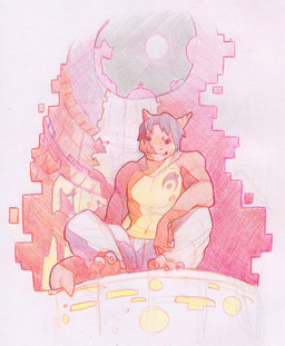 4_toes anthro barefoot biped bottomwear claws clothed clothing feet future hair male muscular muscular_anthro muscular_male nipples pants peaceful purple_hair science_fiction serene short_hair sitting smile solo tail toes topless hotatuarc mythology big-red_(character) dragon mythological_creature mythological_scalie scalie