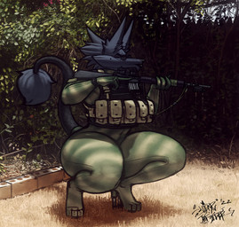 4_fingers anthro armor assault_rifle black_body black_fur body_armor bodysuit camo clothed clothing crouching day eyewear female fingers footwear fur gun high_heels lips long_ears outside ranged_weapon rifle shoes skinsuit solo sunglasses thick_bottom_lip thick_thighs tight_clothing weapon wide_hips sligarthetiger dubmare canid canine canis mammal wolf 2022 hi_res signature