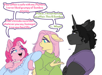 anthro anthrofied big_breasts black_hair blue_eyes breasts clothed clothing crossed_arms dialogue ellipsis female fingers group hair horn long_hair male pink_body pink_hair purple_eyes simple_background speech_bubble sweater text topwear trio white_background wings evehly friendship_is_magic hasbro my_little_pony mythology fluttershy_(mlp) king_sombra_(mlp) pinkie_pie_(mlp) earth_pony equid equine horse mammal mythological_creature mythological_equine pegasus pony unicorn absurd_res english_text hi_res