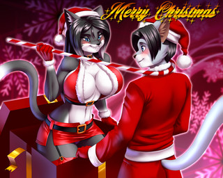 anthro big_breasts black_body black_fur black_hair blue_eyes blushing_at_partner breasts candy candy_cane christmas_background christmas_clothing christmas_headwear christmas_present clothing dessert duo female food fur gift grey_body grey_fur hair hat headgear headwear holidays male male/female red_background romantic romantic_couple santa_hat simple_background small_waist smile smiling_at_another smiling_at_partner tail thick_thighs pak009 christmas amanda_(smile4amanda) gojiro_(pak009) domestic_cat felid feline felis mammal russian_blue tuxedo_cat 2018 5:4 hi_res