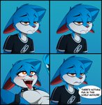 4_panel_comic absurd_res ahegao anthro black_clothing black_shirt black_topwear blue_body blue_fur blush bodily_fluids canid canine clothing collar comic countershading depression dialogue domestic_cat english_text felid feline felis femboy fox fur heart_eyes heart_symbol hi_res humor jay-r jay-r_(character) looking_pleasured male mammal offscreen_character open_mouth pupils red_eyes saliva saliva_string sex shirt simple_background solo speech_bubble sweat symbol-shaped_pupils t-shirt text tongue tongue_out topwear unusual_pupils white_body white_fur