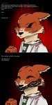 anthro bared_teeth blood blood_on_clothing bodily_fluids cane clothing coat fangs fluffy grin lab_coat male smile solo teeth text topwear str8aura-no-not-that-one massachusetts_institute_of_technology ruby_quest red_(rq) canid canine fox mammal 1:2 english_text hi_res