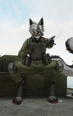 anthro biped bottomwear claws clothed clothed_anthro clothed_male clothing cloud day feet fingers front_view fully_clothed fully_clothed_anthro fully_clothed_male fur hair looking_at_viewer male outside sitting sky smile solo tail teeth toes topwear pgm300 mammal 2026 digital_drawing_(artwork) digital_media_(artwork) hi_res