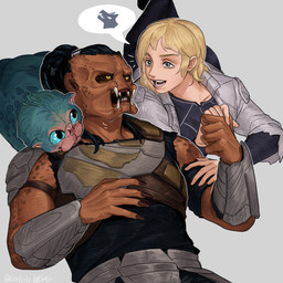 blonde_hair blue_eyes clothed clothing duo female group hair machine male mandibles markings pseudo_hair spots spotted_body trio yellow_eyes leafjuly predator:_badlands predator_(franchise) dek_(predator) thia_(predator) alien humanoid robot robot_humanoid unknown_species yautja 1:1 hi_res