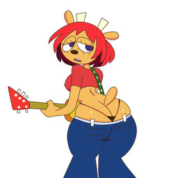 anthro big_butt black_clothing black_thong black_underwear blue_bottomwear blue_clothing blue_jeans blue_pants bottomwear breasts brown_nose butt butt_cleavage clothing denim denim_bottomwear denim_clothing electric_guitar eyelashes female fur guitar hair holding_guitar holding_musical_instrument holding_object horn jeans looking_at_viewer looking_back looking_back_at_viewer musical_instrument open_mouth orange_body orange_fur pants plucked_string_instrument red_clothing red_hair red_topwear short_hair simple_background solo string_instrument thick_thighs thong topwear underwear white_background white_horn wide_hips monamania parappa_the_rapper sony_corporation sony_interactive_entertainment um_jammer_lammy lammy_lamb bovid caprine mammal sheep 1:1 absurd_res hi_res
